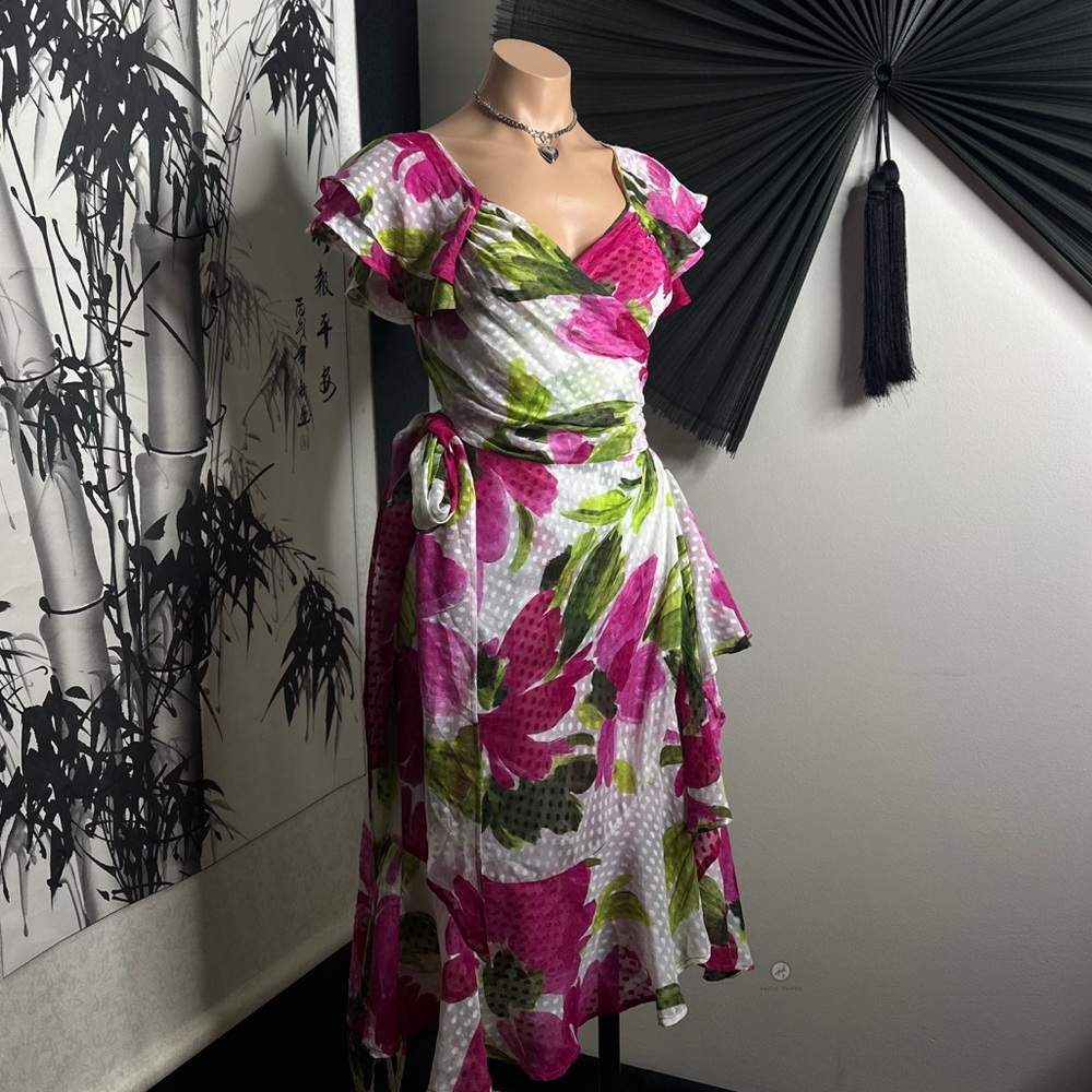 Moschino Silk Pink and Green Floral Wrap Dress